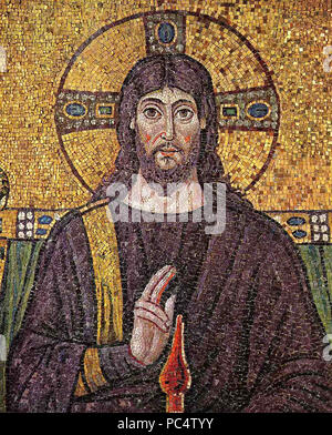 5779. Gesù Cristo, dettaglio del mosaico databili dal 6th. C, chiesa di Sant'Apollinare Nuovo, Ravenna, Italia Foto Stock