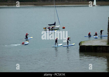 I bambini in neoprene su paddle boards su acque calme nel Menai Straits, tra Anglesey & Wales, Regno Unito. Foto Stock