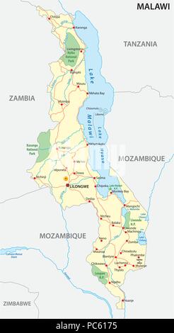 Repubblica del Malawi road e il parco nazionale di mappa vettoriale Illustrazione Vettoriale