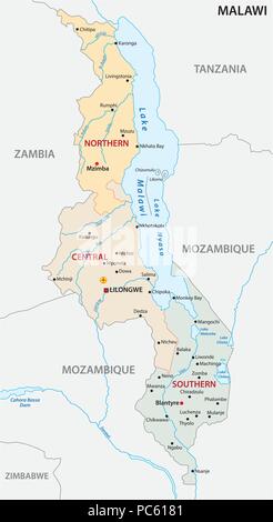 Repubblica del Malawi administrativ e mappa politico Illustrazione Vettoriale