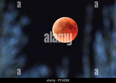 Capelli a Monaco di Baviera, Deutschland. 27 Luglio, 2018. Eclissi lunare totale - rame rosso-secolo spettacolo - fotografato il 27.07.2018 in Haar bei Muenchen, oggi le eclissi lunare totale è la più lunga in questo secolo. | Utilizzo di credito in tutto il mondo: dpa/Alamy Live News Foto Stock