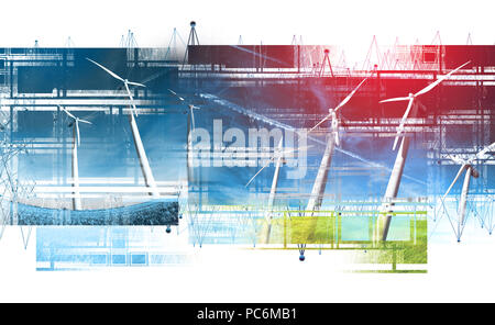 Collage o il design con doppia esposizione.i mulini a vento e tecnologia.Ecologia e industria.sostenibile e fonti di energia rinnovabili concetto Foto Stock