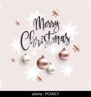 Buon natale con carta oro rosa sfere Illustrazione Vettoriale