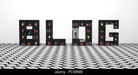 Abstract banner con ripiani di cubi che scrivere la parola blog. con lampadine colorate, libri e decorazione. 3D render Foto Stock