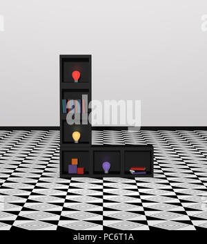Idea viva: scaffale realizzato in cubetti in lettera L. con colorate lampadine, libri e decorazione. 3D render Foto Stock