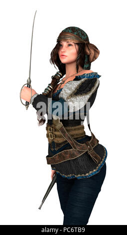 3D rendering di un pirata donna isolato su sfondo bianco Foto Stock