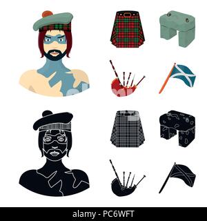 Highlander, Scottish Viking, tartan kilt, gonna scozzese, scone stone, nazionali lo strumento musicale di cornamusa. Scozia set di icone di raccolta nel carrello Illustrazione Vettoriale