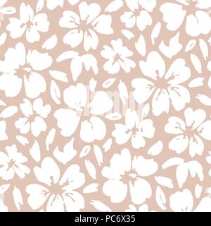 Bold graphic su larga scala vettore floreali seamless pattern. Bianco semplicistica disegnati a mano fiori su sfondo rosa. Fiorisce in bianco e nero e stampa del fogliame. Illustrazione Vettoriale