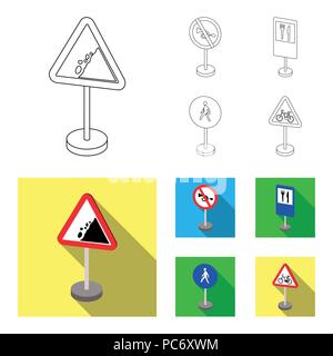 Diversi tipi di cartelli stradali contorno,icone piatta in set di raccolta per il design. Avvertenza e cartelli di divieto simbolo vettore illustrazione stock. Illustrazione Vettoriale