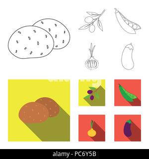 Olive su un ramo, piselli, cipolle, melanzana. Verdure set di icone di raccolta in profilo,stile piatto simbolo vettore illustrazione stock . Illustrazione Vettoriale