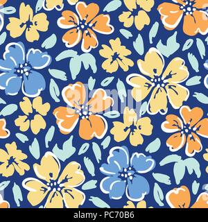 Bold graphic su larga scala vettore floreali seamless pattern. Semplicistico delineato oversized disegnati a mano fiori su sfondo blu scuro. Fiori stilizzati Illustrazione Vettoriale