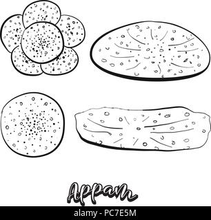 Mano bozzetto di Appam cibo. Il disegno vettoriale di varia ampiamente cibo, usualmente noto in India Kerala, Sri Lanka. Illustrazione di pane serie. Illustrazione Vettoriale