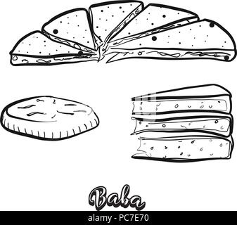 Mano bozzetto di Baba cibo. Vettore di disegno di vario spessore, pane rotondo cibo, usualmente noto in Cina Yunnan, naxi, persone. Illustrazione di pane Illustrazione Vettoriale