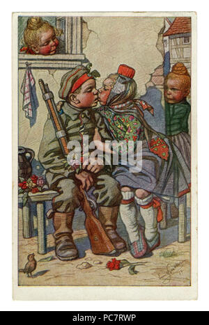 German Historical cartolina: i bambini così come gli adulti: il soldato ha restituito alla sua ragazza dalla parte anteriore con una croce di ferro. Artista Beithan Emil, wwi Foto Stock