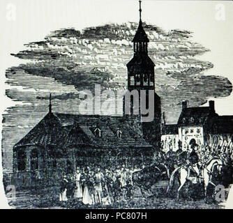 Montréal vers 1790. L'ancienne église Notre Dame et la Place d'Armes. Tiré de l'ouvrage de Alfred Sandham: Montreal e le sue fortificazioni. 423 Montréal vers 1790. L'ancienne église Notre Dame et la Place d'Armes. Foto Stock