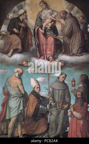 386 Madonna col Bambino in gloria con i Santi Giuseppe e Francesco d'Assisi, in basso i santi Girolamo, Ludovico da Tolosa, Antonio da Padova, Chiara e il cardinale Uberto Gambara Foto Stock