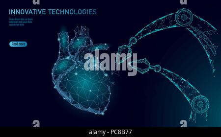 Un intervento di cardiochirurgia robotizzata bassa poli. Cardiologia poligonale procedura chirurgica. Il braccio di robot manipolatore. Moderna medicina innovativa scienza tecnologia di automazione. Triangolo 3D render forma illustrazione vettoriale Illustrazione Vettoriale