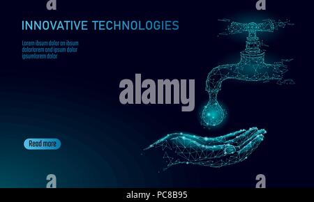 Risparmio di acqua bassa poli concetto. Triangolo poligonale ecologia pianeta oceano mare banner di sicurezza. Rubinetto acqua perdita di caduta di fissare la natura globale di cura per l ambiente giornata mondiale illustrazione vettoriale Illustrazione Vettoriale