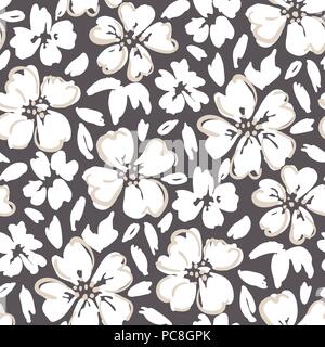 Bold graphic delineato vettore floreali seamless pattern. Bianco semplicistica disegnati a mano fiori su sfondo marrone. Fiorisce in bianco e nero e stampa del fogliame. Illustrazione Vettoriale