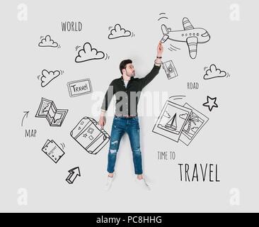 Creative disegnati a mano collage con l uomo e vari segni di viaggio Foto Stock