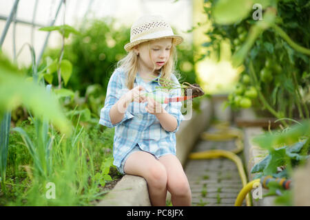 Adorabile bambina indossa cappello di paglia a giocare con il suo giocattolo attrezzi da giardino in una serra su soleggiate giornate estive. Attività di giardinaggio per bambini piccoli. Foto Stock