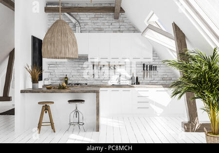 Cucina moderna in soffitta, Scandi-stile Boho, 3D render Foto Stock