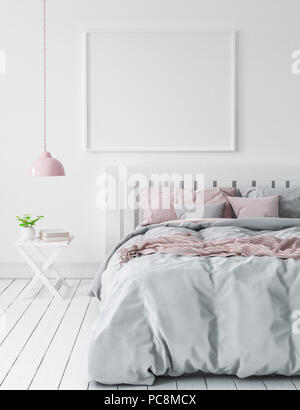 Mock-up nella camera da letto moderno stile scandinavo, 3D render Foto Stock