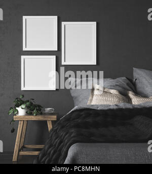 Mock-up fotogrammi in scuro camera da letto etnico interno, 3D render Foto Stock