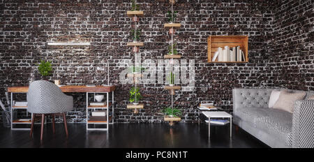 Home office design, spazio di lavoro moderno camera, 3D render Foto Stock