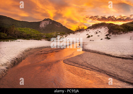Fiery sunrise riflessioni sulla spiaggia stridulo in Wilsons Promontory National Park. Foto Stock