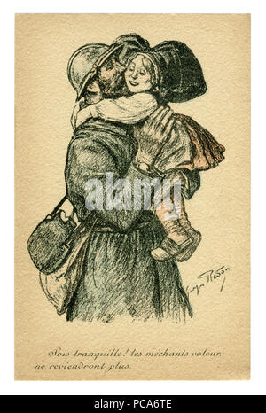 Storico francese cartolina: il soldato baci e abbracci una bambina in abito tradizionale dell'Alsazia e la Lorena. Ritorno a casa. Vittoria! Simbologia Foto Stock