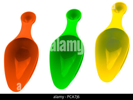 Set di plastica colorata misurino isolato su sfondo bianco con ombra. Arancione, verde e giallo cucchiaino dosatore in plastica. Foto Stock