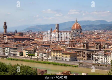 Una vista presa dal punto panoramico di Piazzale Michelangelo e focalizzazione del centro storico di Firenze. Foto Stock