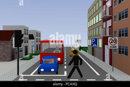 Strada principale con i segni, zona 20, scuola bus stop con testo tedesco: scuola bus nei giorni feriali, parcheggio sul marciapiede ammessi, e la zona di estremità 20. 3D render Foto Stock