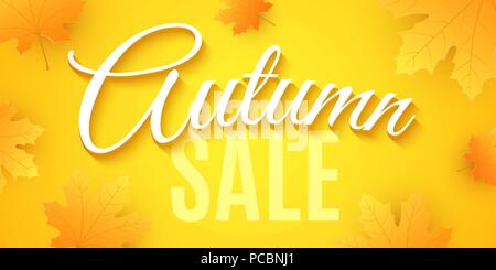 Vendita autunnale. Banner pubblicitario. Invito biglietto di auguri. 3D la calligrafia e scritte. Rosso e arancio foglie di acero. Foglie di caduta. Illustrazione Vettoriale Illustrazione Vettoriale