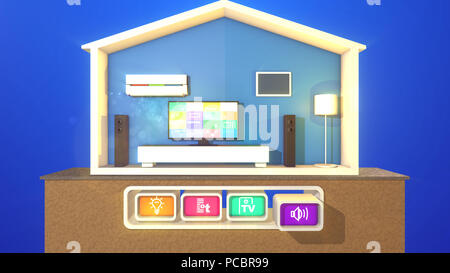 Un felice 3d illustrazione di un simmetrico smart home con tre pulsanti premuti collegato con una accesa la lampada a pavimento, nero TV al plasma e un condizionatore d'aria. Foto Stock