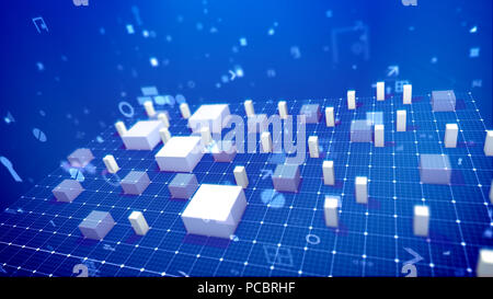 Un incredibile 3d illustrazione di un grafico a barre con aumento di forma rettangolare e cubi colonne business indicando alcuni indici di business in lo sfondo blu. Foto Stock