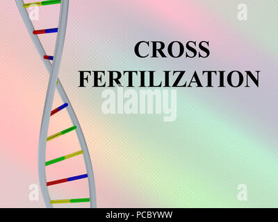 3D illustrazione di fertilizzazione incrociata script con la doppia elica del DNA , isolato su sfondo colorato. Foto Stock