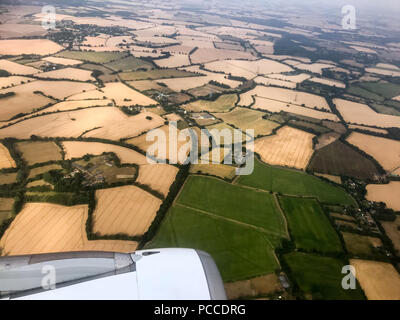 Le riarse campi vicino a Stansted,Essex,Mercoledì 1 Agosto 2108 dopo l'ondata di caldo di quest'estate.Oggi gli agricoltori sono in possesso di un vertice della siccità con il governo. Il sindacato nazionale degli agricoltori (NFU) incontrerà funzionari a Londra oggi (MER) per discutere "polveriera" le condizioni che hanno ridotto la crescita di erba e di "uranio' alcuni rese. NFU presidente Minette pastelle detto lei proverà ad impressionare su ambiente segretario Michael Gove presso la "estremamente importante" colloqui sfide che gli agricoltori si trovano di fronte a seguito della grave mancanza di pioggia. Foto Stock