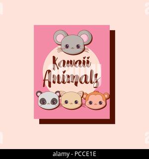 Kawaii animali su sfondo rosa, design colorato. illustrazione vettoriale Illustrazione Vettoriale