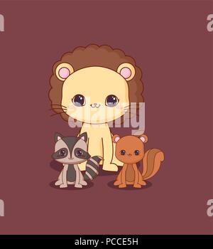 Kawaii lion con lo scoiattolo e raccoon su sfondo rosso, design colorato. illustrazione vettoriale Illustrazione Vettoriale