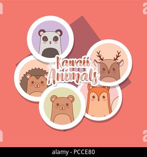 Kawaii animali su sfondo rosso, design colorato. illustrazione vettoriale Illustrazione Vettoriale