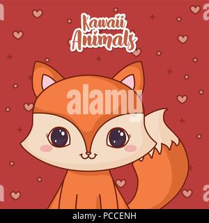 Kawaii fox icona e cuori decorativi intorno su sfondo rosso, design colorato. illustrazione vettoriale Illustrazione Vettoriale