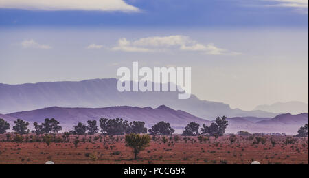 Sagome di Flinders Ranges mountain range in early morning mist in Sud Australia Foto Stock