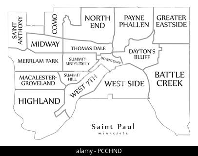 Città moderna mappa - Saint Paul Minnesota città degli Stati Uniti con i quartieri e i titoli mappa di contorno Illustrazione Vettoriale