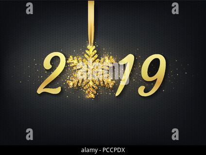 Biglietto di auguri, invito con felice anno nuovo 2019 e Natale. Il testo in oro con un fiocco di neve su un nastro, decorazione, scintillante, shiny coriandoli. Illustrazione Vettoriale