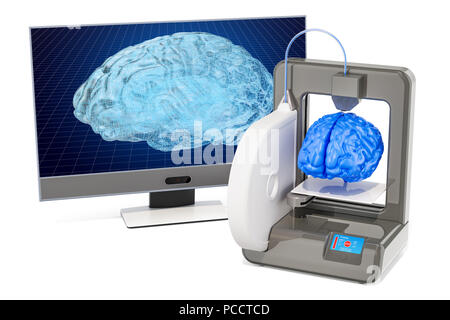 Stampante 3d con il cervello umano, 3D rendering isolati su sfondo bianco Foto Stock