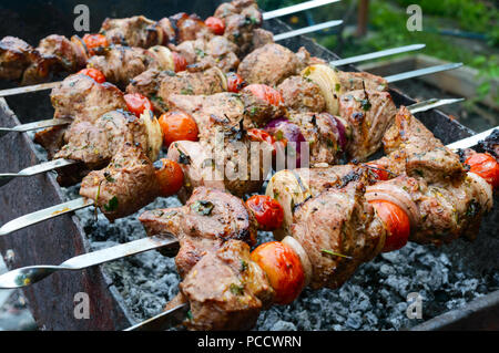 Succosa shish kebab di carne di maiale, pomodori su spiedini fritti su un fuoco all'aperto su uno sfondo di natura. Barbecue. Foto Stock