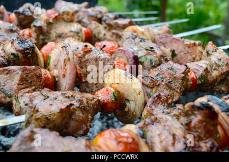 Succosa shish kebab di carne di maiale, pomodori su spiedini fritti su un fuoco all'aperto su uno sfondo di natura. Barbecue. Close-up Foto Stock