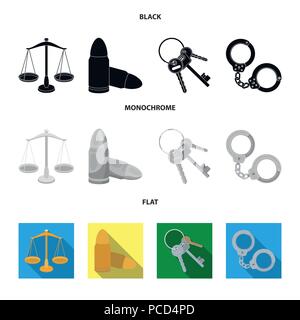 Scale di giustizia, cartucce, un mazzo di chiavi, manette.prigione set di icone di raccolta in nero, piatta e monocromatica vettore stile simbolo illustratio stock Illustrazione Vettoriale